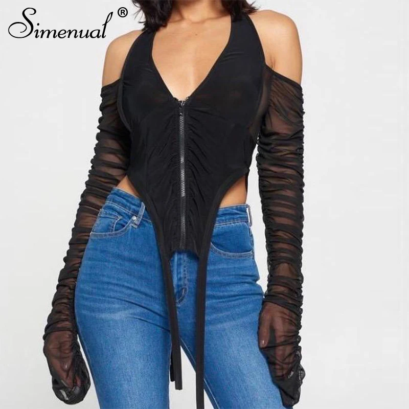 Halter neck zip front ruched tee Clearance