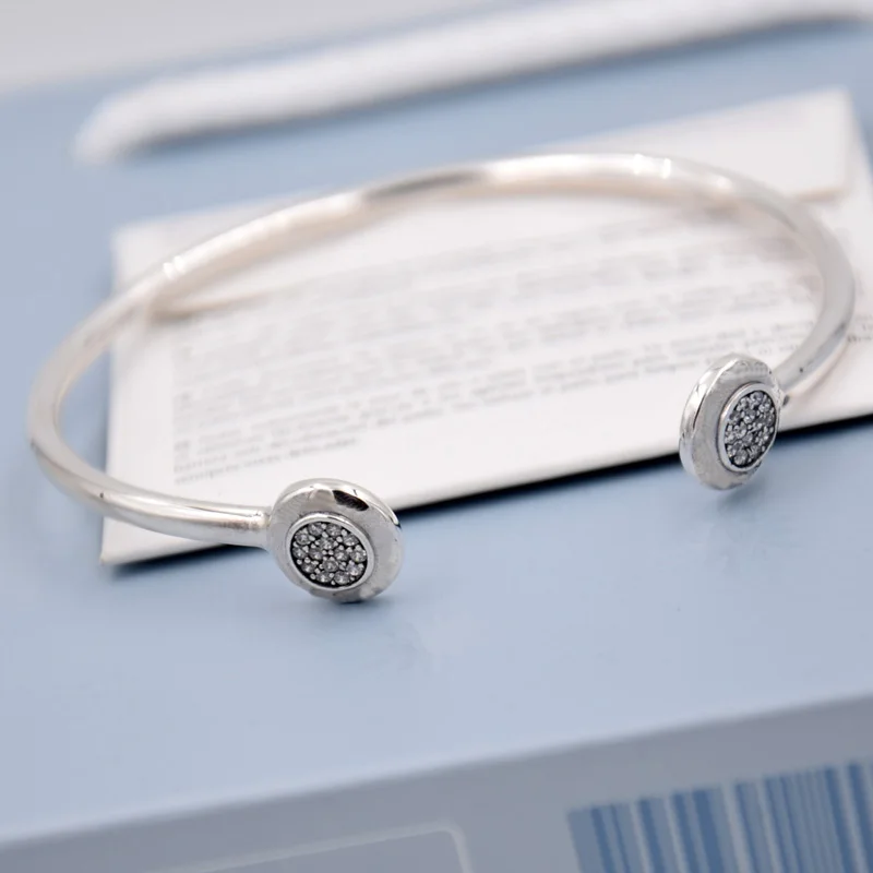 Аутентичный 925 пробы серебряный браслет подпись с кристаллом Открытый браслет для запястья подходит для женщин шарик шарм DIY Европа ювелирные изделия