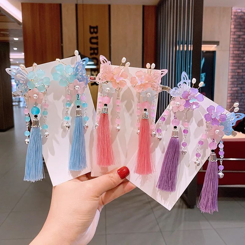 Винтажные заколки Hanfu с цветами бабочкой помпоном шариками китайские для волос