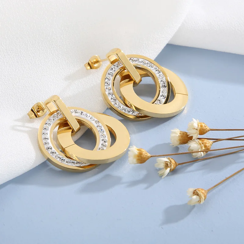 Elegante runde Anhänger-Halskette, Tropfenohrringe für Damen, Edelstahl, Zirkon-Kette, Schmucksets, Hochzeitsgeschenk – Detail 7