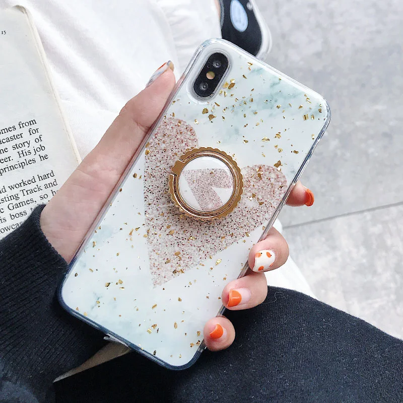 IK92-DJ18DLSHeart SoCouple кольцо из ТПУ чехол-держатель для iphone 7 8 6 6s plus чехол для iphone XR 11 Pro X Xs Max мраморный Золотой фольга кольцо держатель чехол - Цвет: IK92-DJ18DLSHeart