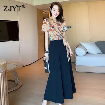 

Fashion Summer Two Piece Outfits Women 2020 New Runway Designers Print V Neck Blouse+Wide Leg Pants Suit Matching Set Elegant
