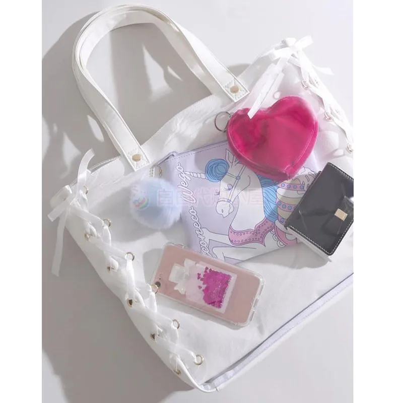 Женская сумка с лентами, сумка Kawaii, сумка на плечо, женская сумка из искусственной кожи Itabag, милая сумка JK, прозрачная сумка Kawaii