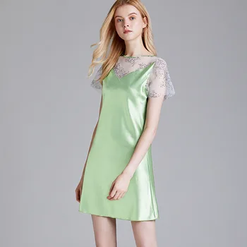 

Summer Women Nightgowns Sleepshirts Nightshirts Silk Sleepwear Satin Sexy Short Sleeve Lace Nightdress Embroidery Nightwear