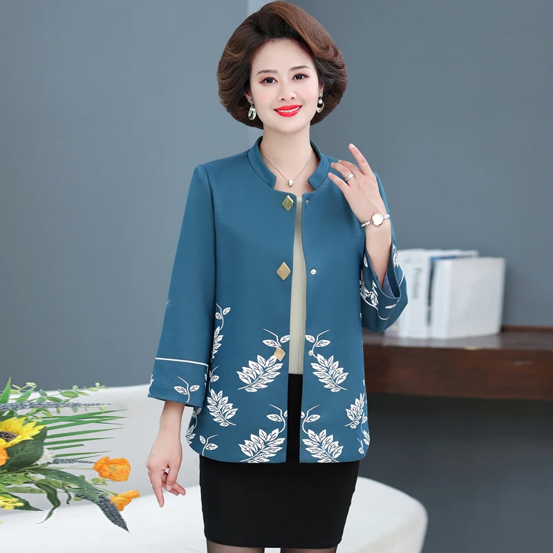 Mature Women Blazer Smart Casual Jacket Suit For Office Lady Autumn Spring Blue Red Khaki Oufits Leaf Printing Blazers XXXXXL