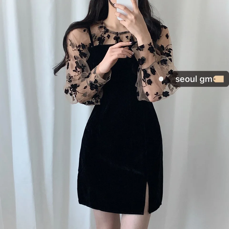 Autumn Spring Woman' Korean Black Slim Vintage Fashion Two-piece Mesh Stitching Sling Dress Mini Sexy Femal Party Clothing | Женская