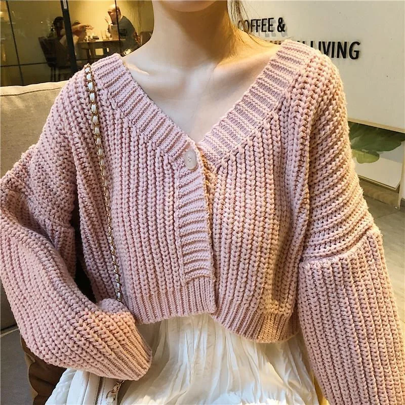

Knit Cardigan Sweater Solid Japan Harajuku V-neck Fall Winter Cloth Long Sleeve Casual Elegant Female Clothing