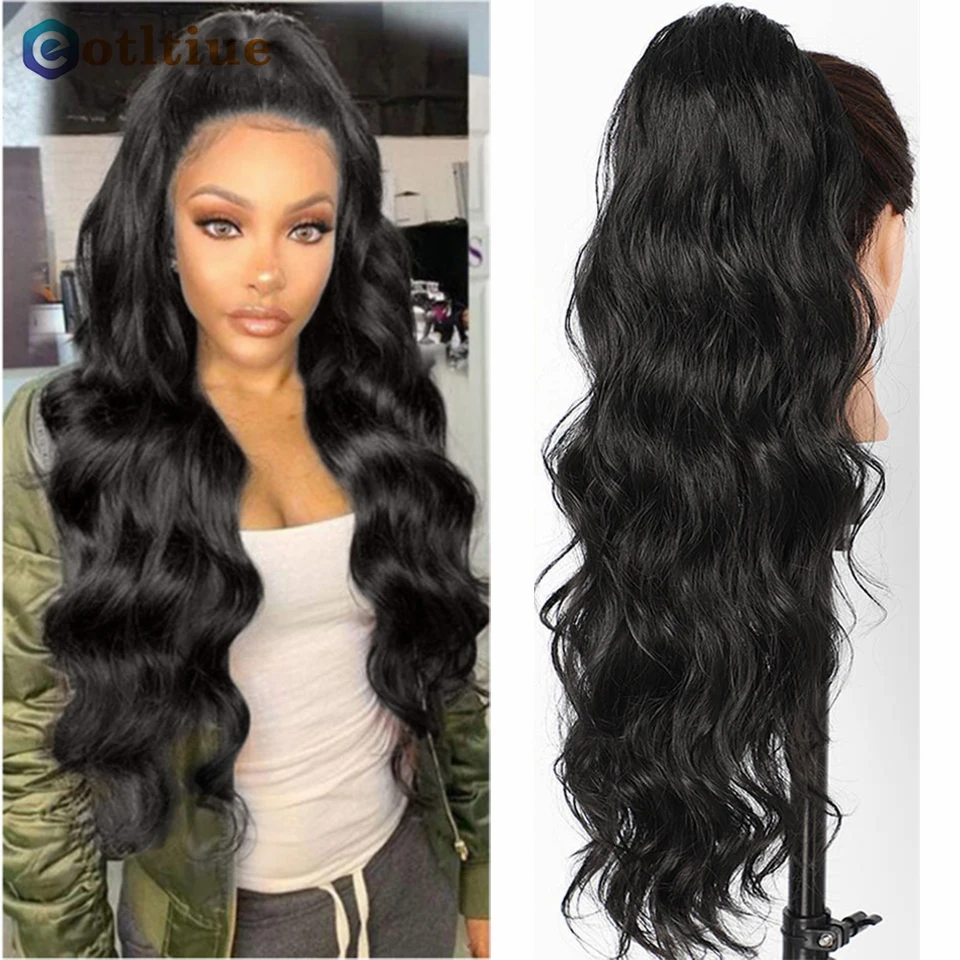 Long Wavy Ponytail Human Hair Drawstring Clip in Hairpiece Black Wave Extension African American Pony Tail Body Wave for Women 2