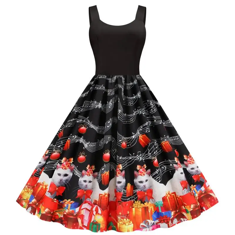 

Women Clothes 2020 Casual Summer Dress Plus Size Elegant Vintage Dresses Black Spaghetti Strap Musical Note Cat Print Vestidos