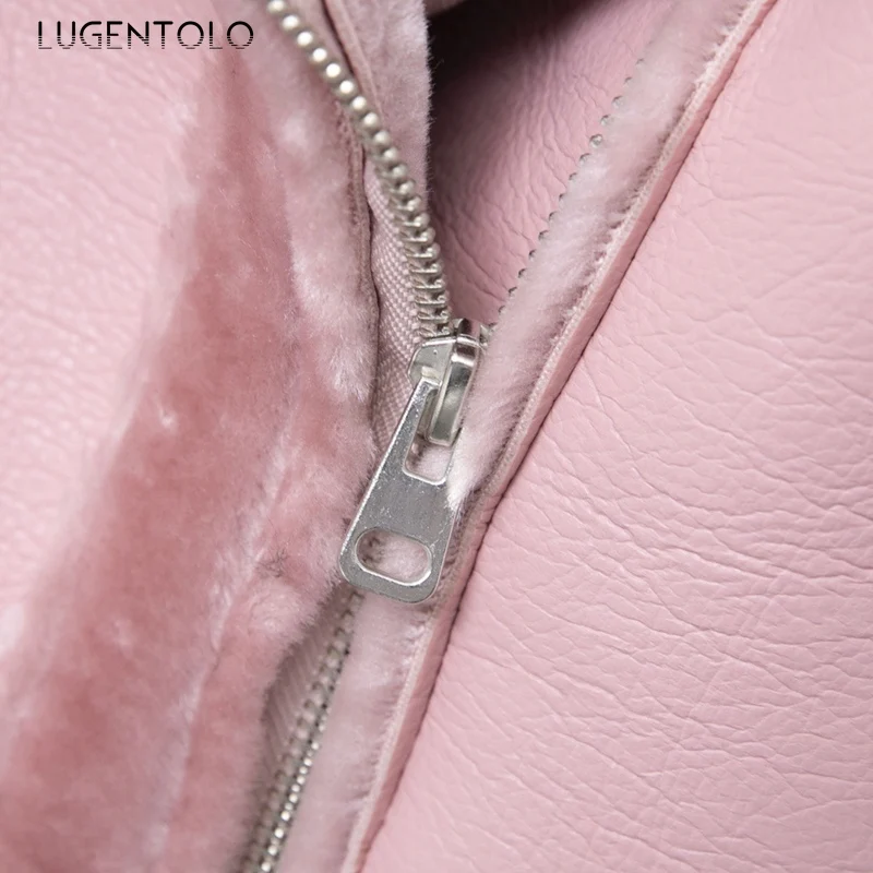 Lugentolo, кожа, мех, для женщин, зима, теплый, сплошной цвет, с длинным рукавом, отложной воротник, ПУ кожа, мото молния, флокирование, Женское пальто