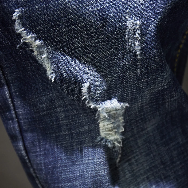 Moto & Biker Jeans for men dark blue stretch slim fit distressed ripped denim pants men clothes long trousers hip hop frayed,men jeans,ripped jeans,ripped patchwork jeans