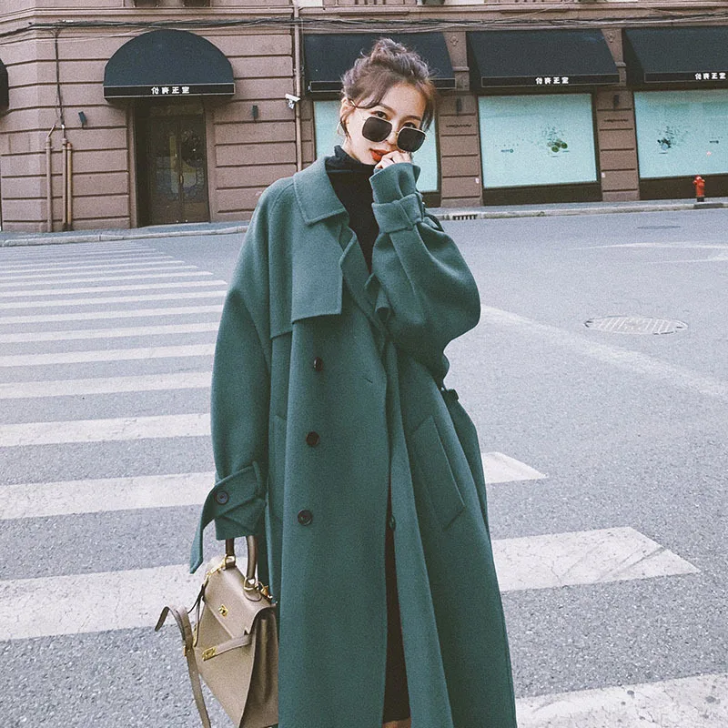 

Photo Shoot Red Hepburn Wind over-the-Knee Mid-length Woolen Coat Women's 2020 Double Breasted plus Thick Cotton Woolen Jacket