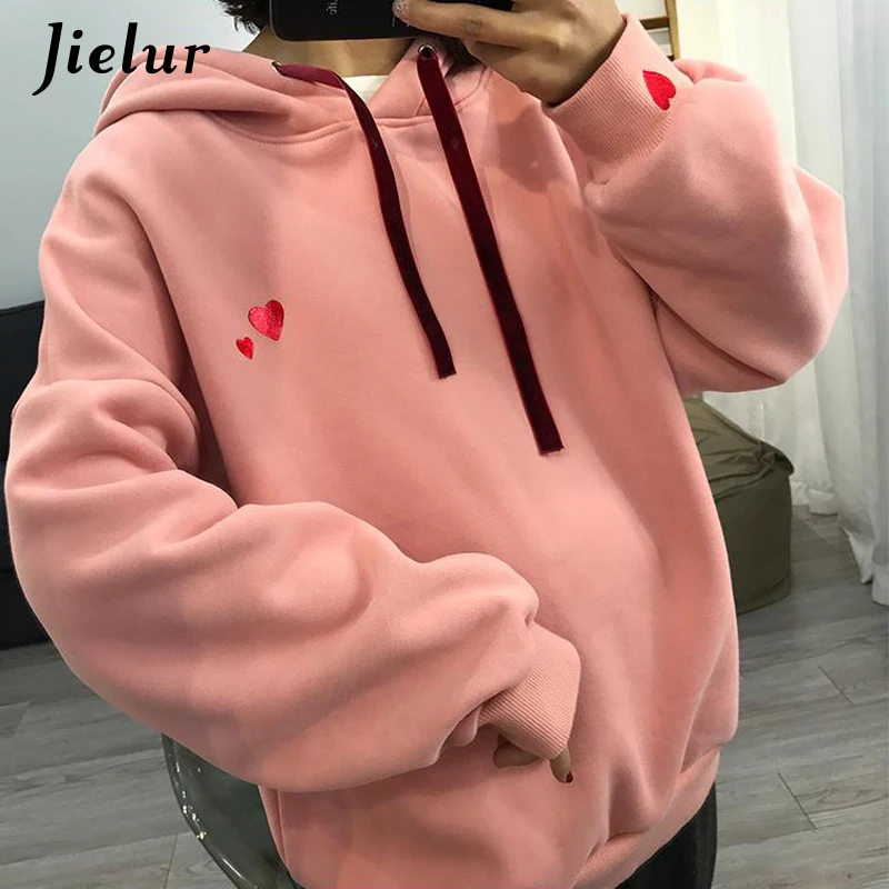  Jielur Heart Embroidery Women's Sweatshirt Hooded Winter Loose Kpop White Hoodies Female Fashion Ca