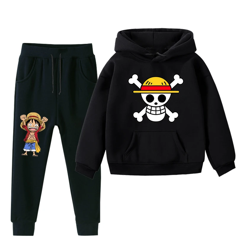 Boys Girls 2Pcs Clothes ONE PIECE Luffy Kids Hoodies And Pant Children Plus Velvet Clothes Set Winter Black Sportsuit For 2-14Y - Цвет: 011