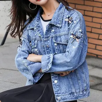 

2020 fashion Pearl Beading Slim Denim Jackets Korean Streetwear Pearl Jeans Coats Lady Outwear Clothing r514
