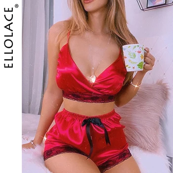 

Ellolace Silk Imitation Women's Pajamas Lace Sexy Pajamas Set Bra and Short Sleepwear Sleeeveless Home Suit Pajamas for Women
