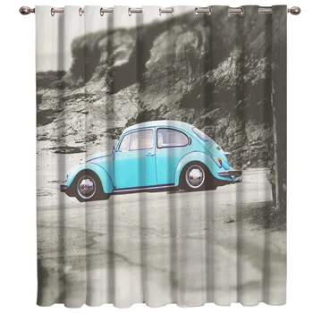 

Black And White Colorless Background On The Beach Blue Car Kids Window Treatment Hardware Curtains for the Kitchen Living Room