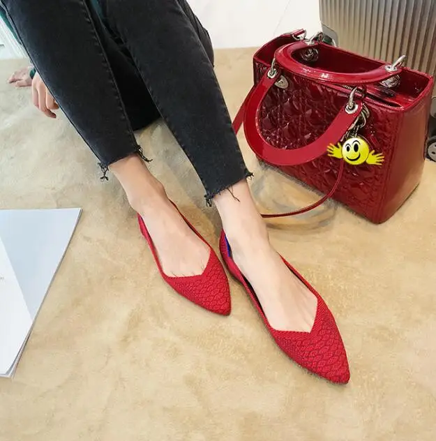 Вязаные туфли на плоской подошве с острым носком; женские модные мягкие лоферы; женские разноцветные слипоны для беременных медсестер - Цвет: 5008-5 red