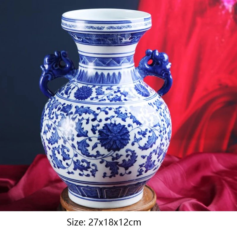 1 x Цзиндэчжэнь керамические вазы китайский бинауральная ваза дракон синий и белый жариньер для дома гостиной офиса - Цвет: C 27x18x12cm