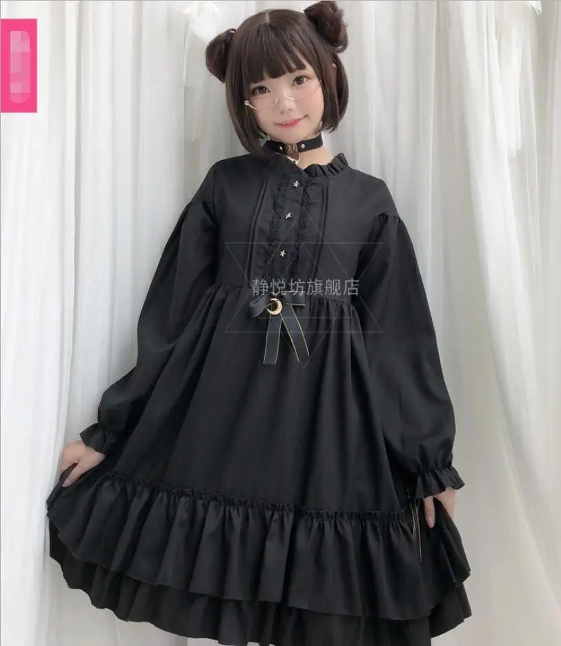 Vintage Gothic Long Sleeve Black Japanese Lolita Dress Court Kawaii Girl Lolita Cos Loli Tea Party Student Dress