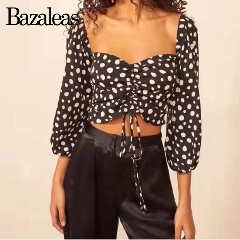 Bazaleas, винтажная укороченная блузка, шикарная, белая, ropa mujer, модная, в центре, на завязках, блузка для женщин, harajuku