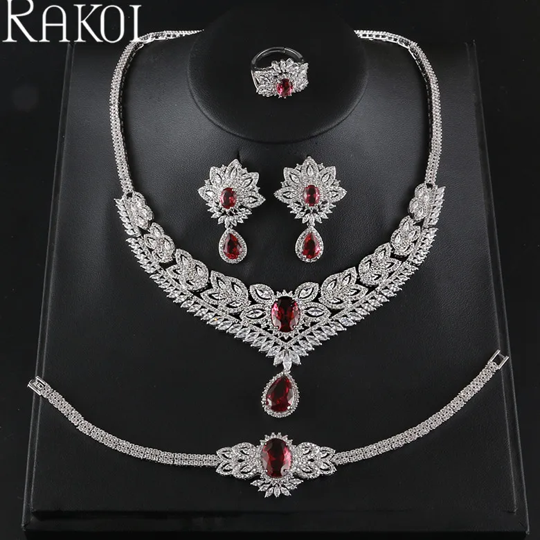 Red RAKOL роскошный кубический цирконий ожерелье серьги кольцо браслет набор для женщин ужин вечерние юбилей день рождения ювелирные изделия RS0218 - Окраска металла: Red