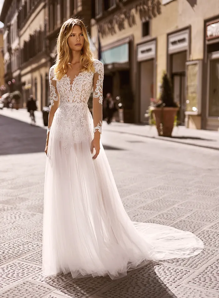 

suknia slubna New Design Long Wedding Dress 2021 Sheer Neck Long Sleeves A-Line Lace Chiffon Backless Bride Dresses Vestidos