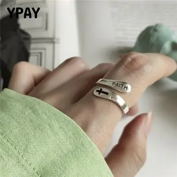 

YPAY Authentic 925 Sterling Silver Letter Ring FAITH Cross Minimalist Vintage Open Rings Women Korean Japan Fine Jewelry YMR864