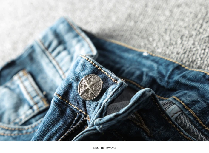 Осень зима новые мужские рваные джинсы Модная вышивка хлопок Slim Fit синие джинсовые брюки мужские Брендовые брюки