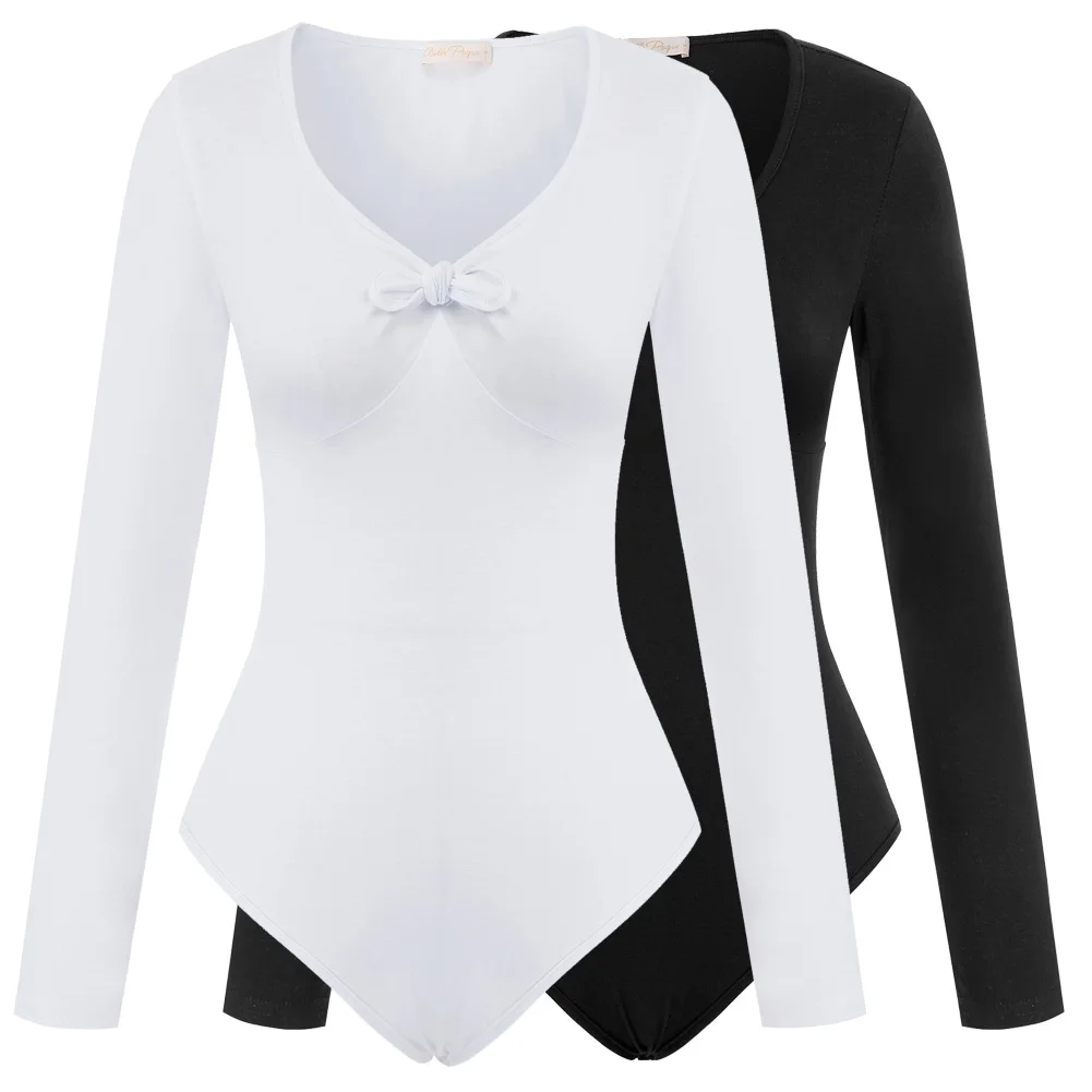 Women's bodysuit clothes summer autumn Bow-tie Decorated Bodysuit Long Sleeve Cotton Stretchy Retro Vintage solid fit overalls