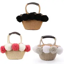 Модная женская Соломенная тканая сумка с помпонами, летняя пляжная сумка на шнурке, Женская Повседневная дорожная сумка для покупок