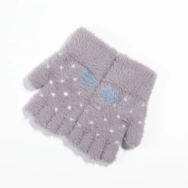 Half Purple Fashion Love Heart Gloves For Men Full Finger Knitted Gloves Winter Warm Women Half Finger Mittens - Цвет: Half Purple