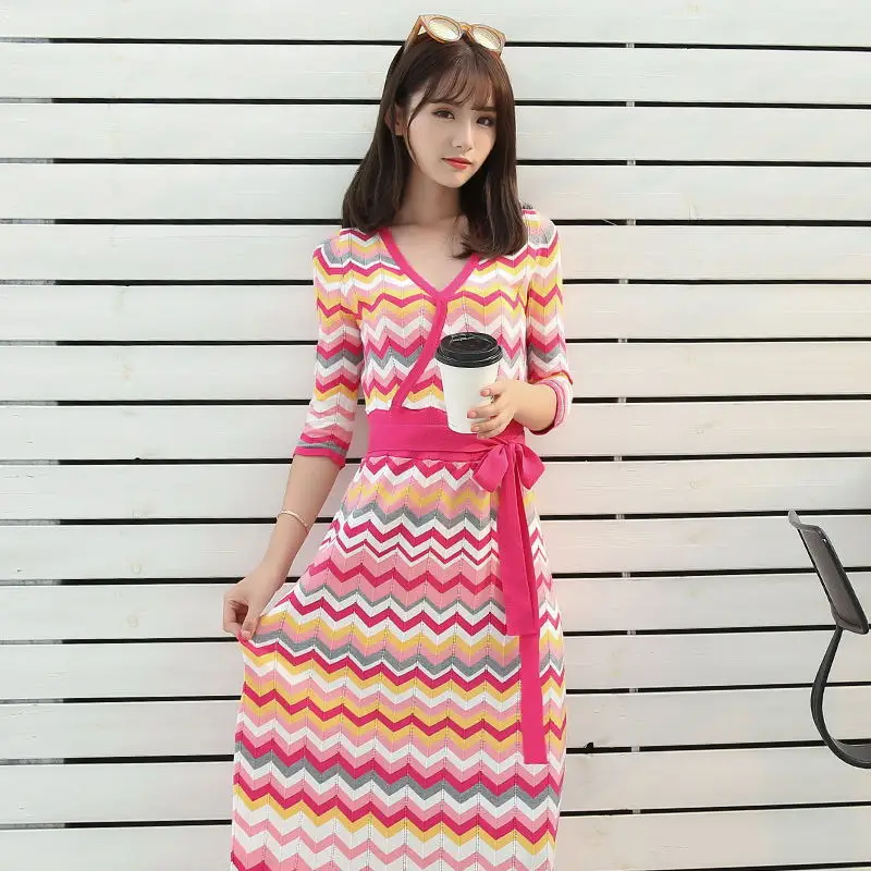 

Autumn And Winter A- Shaped V-neck Rainbow Jersey Dress Three-quarter-length Sleeve Slimming Versatile Long Skirts
