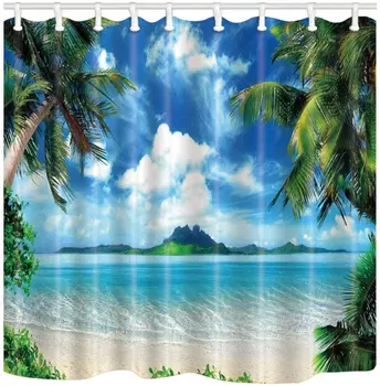 

Beach Shower Curtain Blue Ocean Tropical Palm Tree Shower Curtain Home Decor Fabric Bathroom Curtain with Hook
