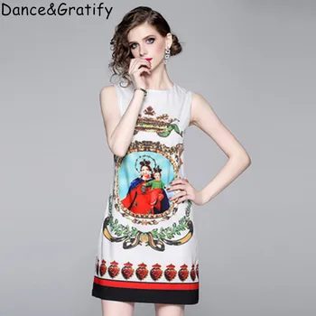 

2019 Fashion Runway Summer Dress Women's Sleeveless Casual Floral Print Elegant Short Party Dress