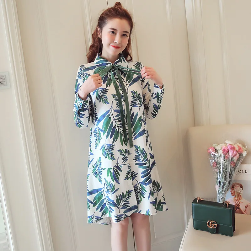 

Maternity Clothes 2017 Spring And Autumn Shirt Mid-length Dress Printed Loose-Fit Pregnant Women Dress
