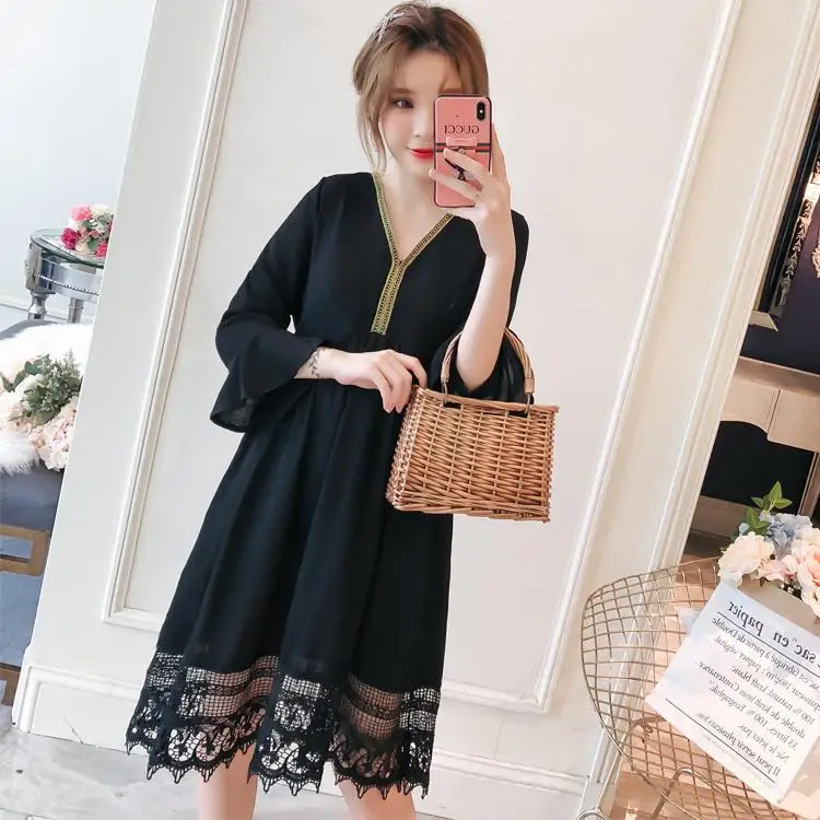 Брендовое летнее платье для беременных женщин Элегантный Большой размер платье для беременных женщин Повседневное платье - Цвет: Черный