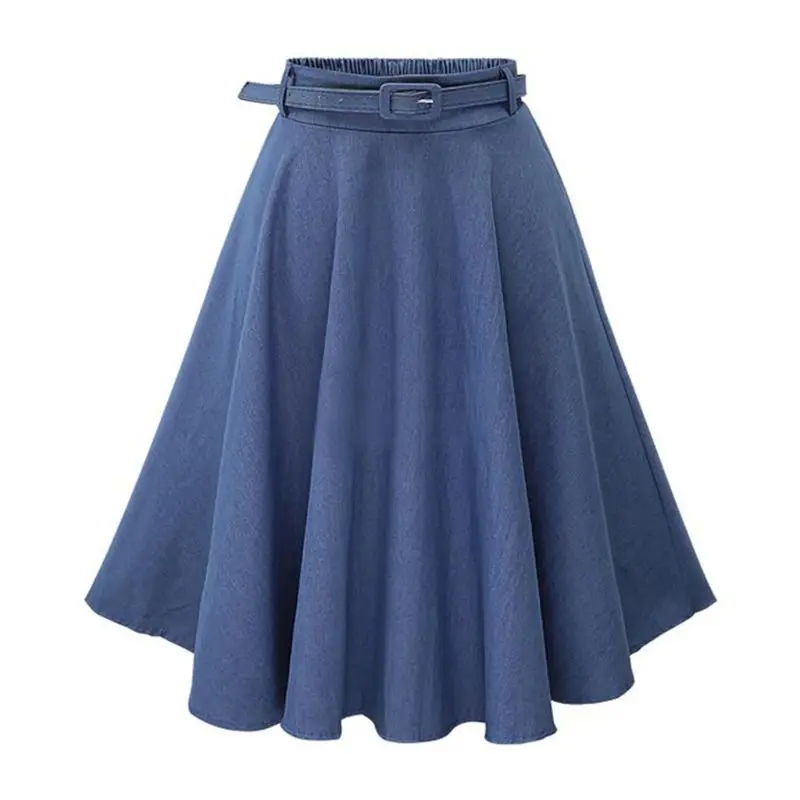 Женское летнее искусственное джинсовое миди длинное Плиссированное расклешенное, для свинга юбка для фигурного катания эластичная талия трапециевидная длина до колена Повседневная одежда с поясом K4UE - Цвет: Light Blue-S