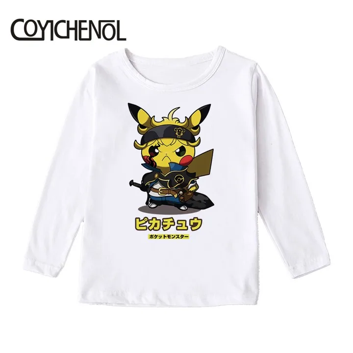 Детская футболка с покемоном; Picachu; детская футболка; коллекция года; сезон лето; От 2 до 12 лет Детская футболка с длинными рукавами и рисунком; топы с рисунками - Цвет: Бежевый