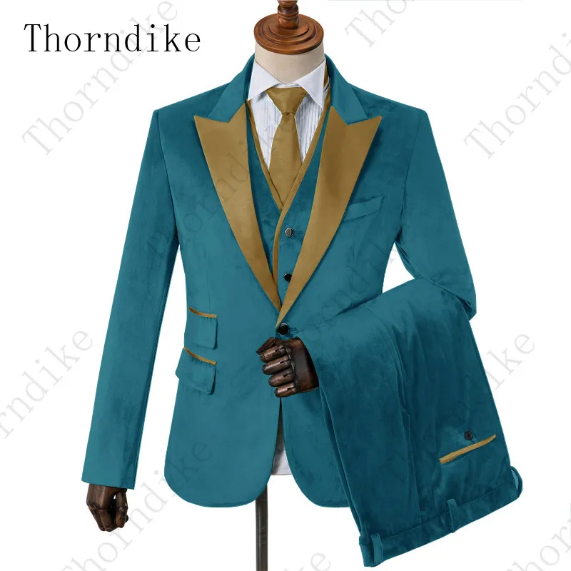 Thorndike Черный Бархатный смокинг жениха для мужчин свадебные/выпускные костюмы остроконечные лацканы мужские костюмы со штанами деловой мужской костюм
