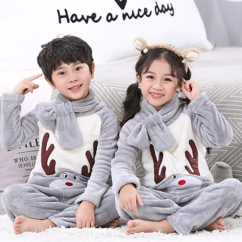 Бархатный детский Пижамный костюм с рисунком; Одежда для мальчиков и девочек; одежда для сна; теплая одежда для сна серого цвета на осень и зиму; мягкая ночная рубашка; велюровая домашняя одежда - Цвет: Gray A