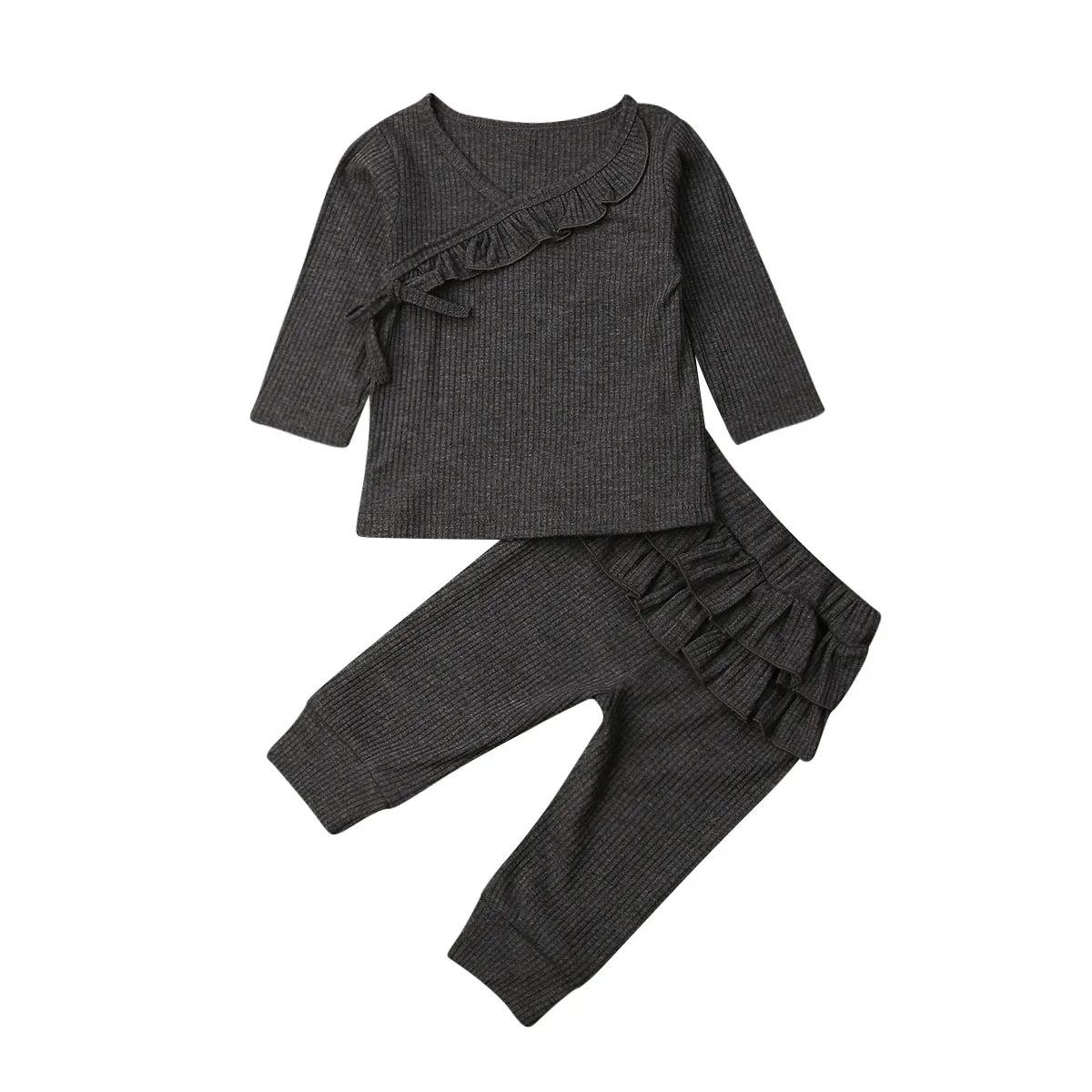 Серый 0-24M Infant Baby Girl Clothes Sets Autumn Winter Clothes Solid Ruffle Knitted Tops Leggings Pants Set - Цвет: Серый