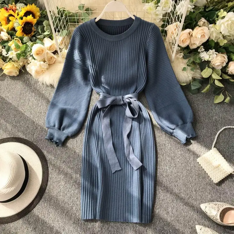 ALPHALMODA, осень, Женский пуловер с длинным рукавом и поясом, Повседневное трикотажное платье, длина до колена, однотонное простое зимнее платье-свитер