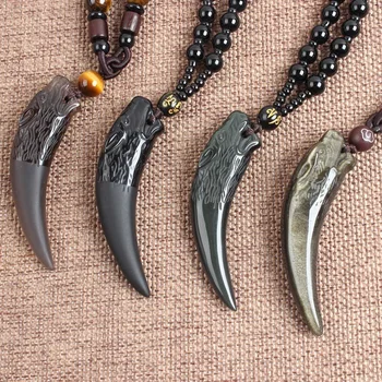 

Natural Ice Black colorful Obsidian Wolf Tooth Pendant Wolf Head Male and Female Couple Crystal Necklace with certificate