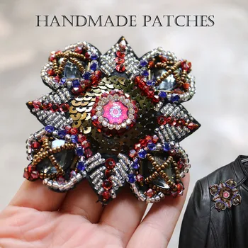 

1pc square beaded embroidered Patches for Clothing sew on rhinestone fan parches Appliques Decoration Badge parche