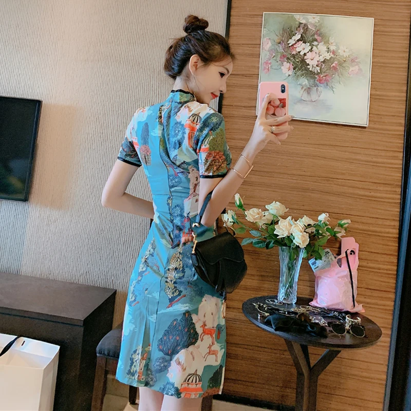 Китайское женское платье cheongsam qipao vestidos Восточный Чонсам женское нижнее белье с косой вилкой воротник Мандарин восточное платье