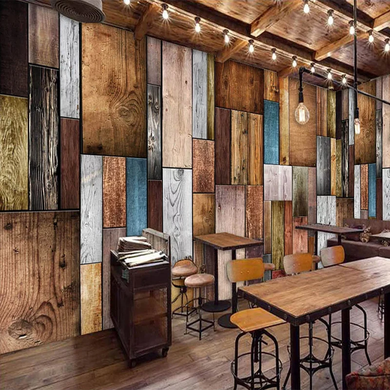 

Drop Shipping Custom 3D Wall Murals Wallpaper Home Decor Retro Nostalgic Color Wooden Board Cafe Wall Mural Paintings