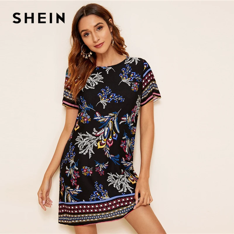 SHEIN летнее женское платье-туника с разноцветным принтом и замочной скважиной на спине,, короткий рукав, круглый вырез, бохо платье, прямое свободное мини-платье