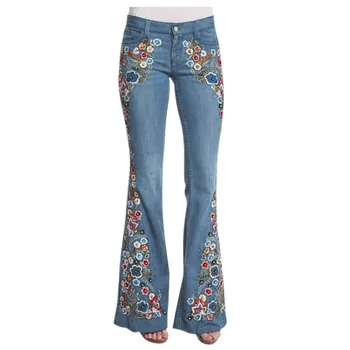 

2020 Jeans for Women Jeans Embroidery Destoryed Flare Jeans Button Waist Bell Bottom Denim Pants джинсы женские