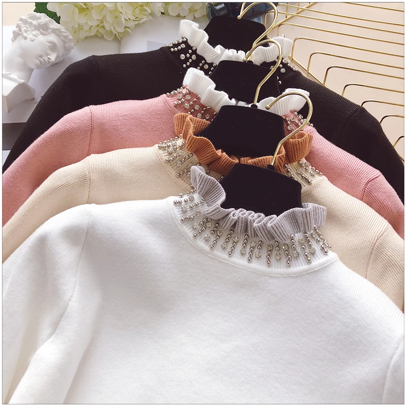 Корейский женский свитер, Осень-зима, Kawaii, бриллианты, бисер, воротник с оборками, вязаные свитера, пуловеры, милые Джемперы для девушек, truien